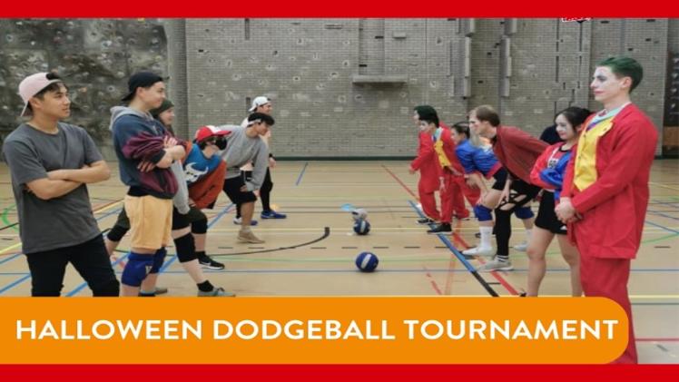 Students playing dodgeball in fancy dress